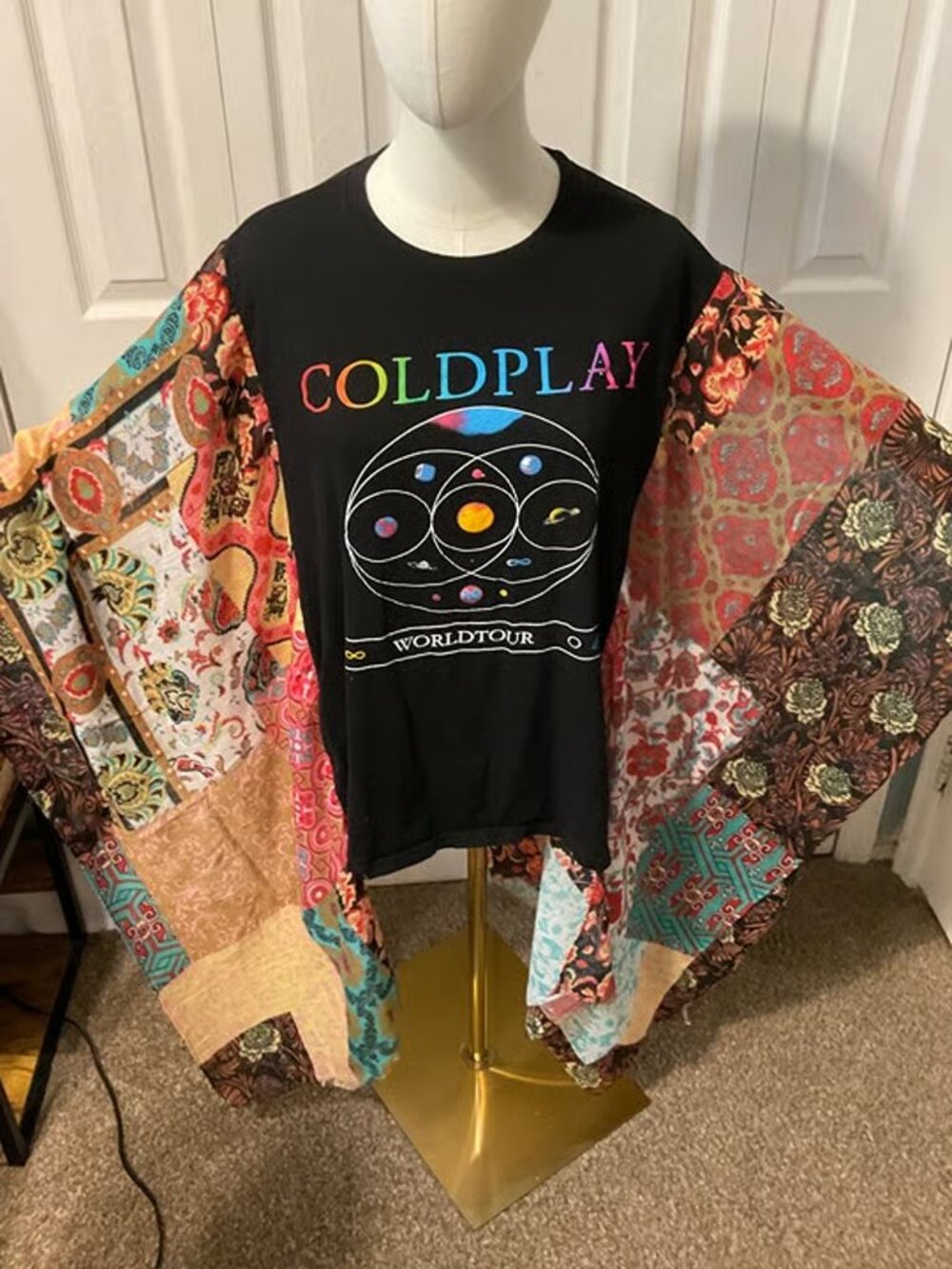 Coldplay Upcycled Graphic T-Shirt with Flowy Boho Printed Sleeves - OSFM